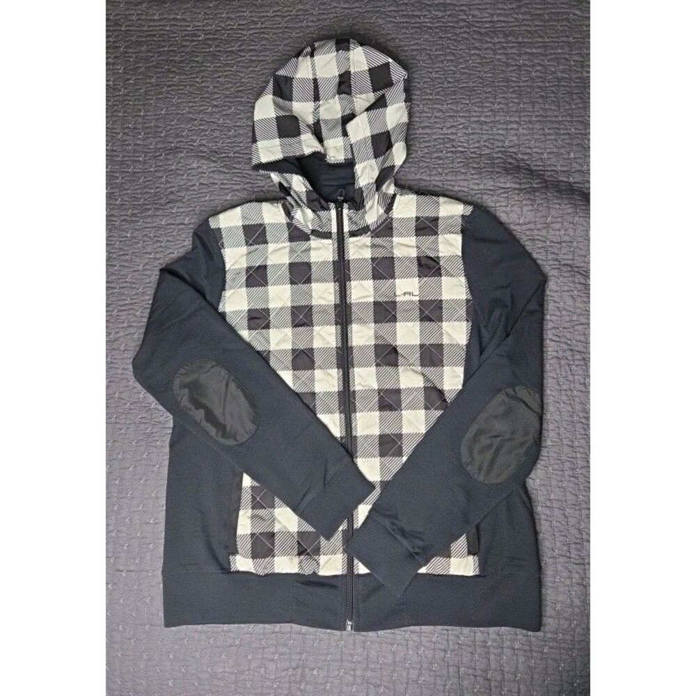 LAUREN RALPH LAUREN Womens XL Zip Hoodie Black Buffalo Plaid Quilted Sweatshirt